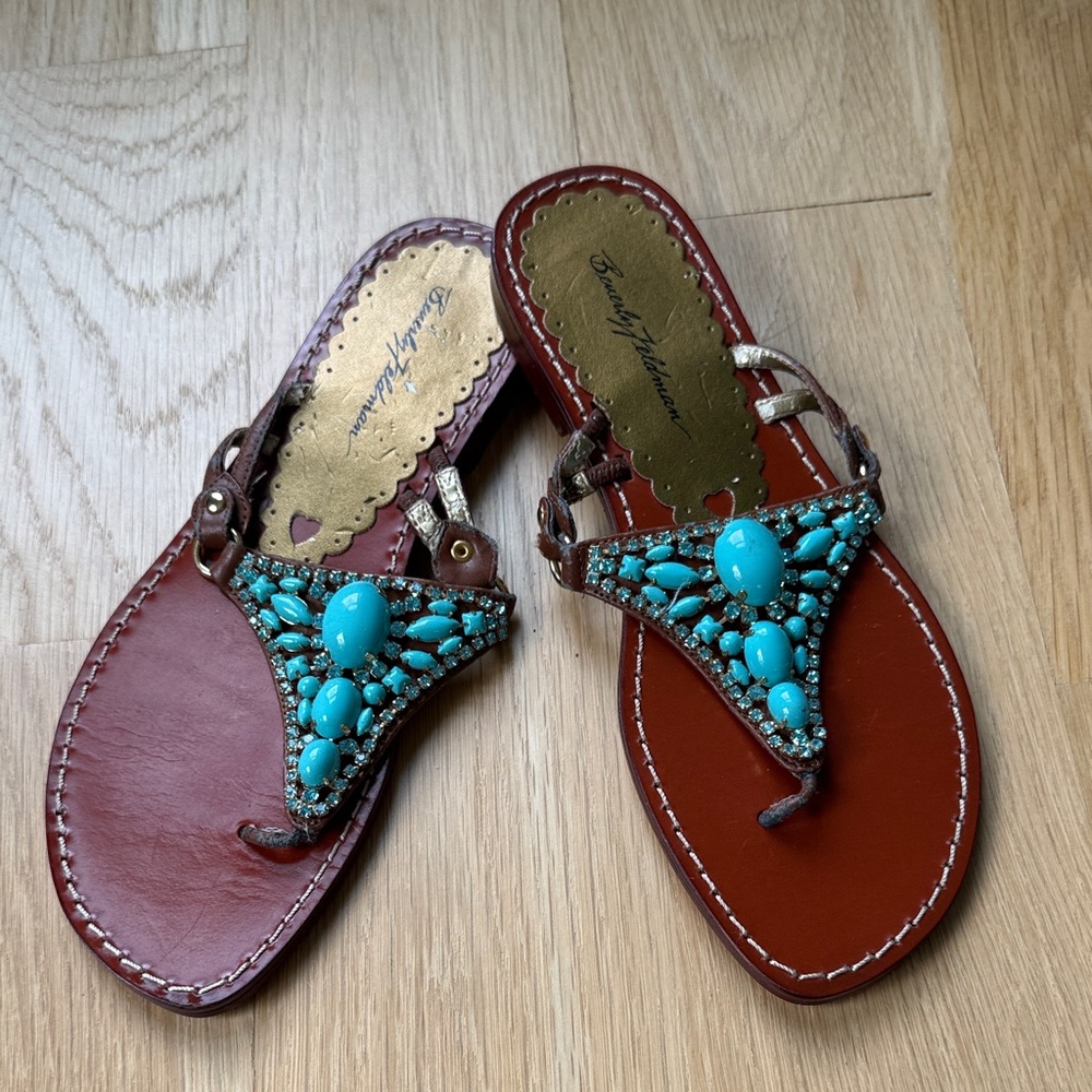 Beverly Feldman Turquoise and Brown Beaded Sandals